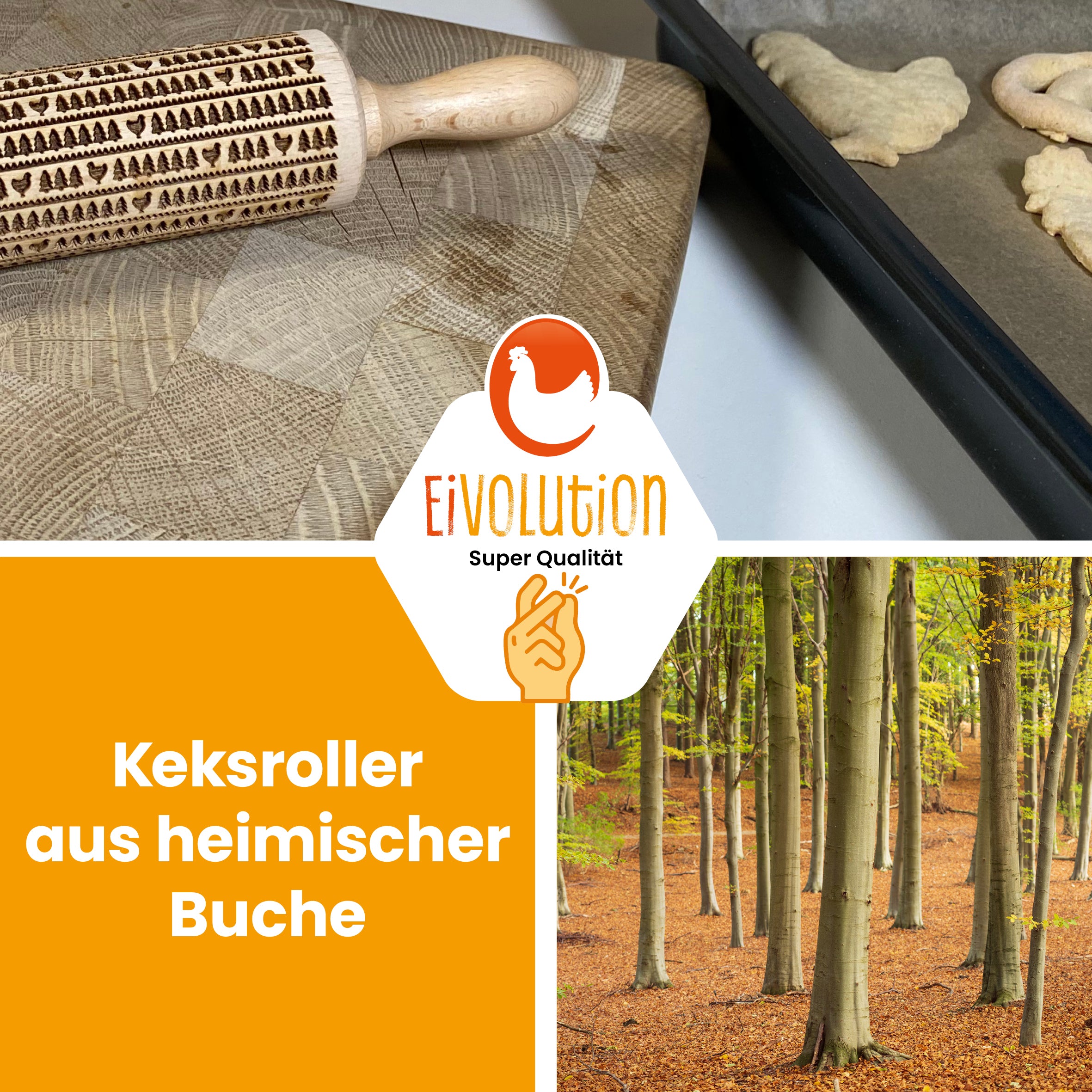 Keksroller klein, mit Huhn und Bäumchen "Keksroller aus heimischer Buche"
