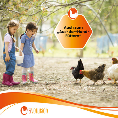 Kinder mit Hühnern "Auch zum aus der Hand Füttern"