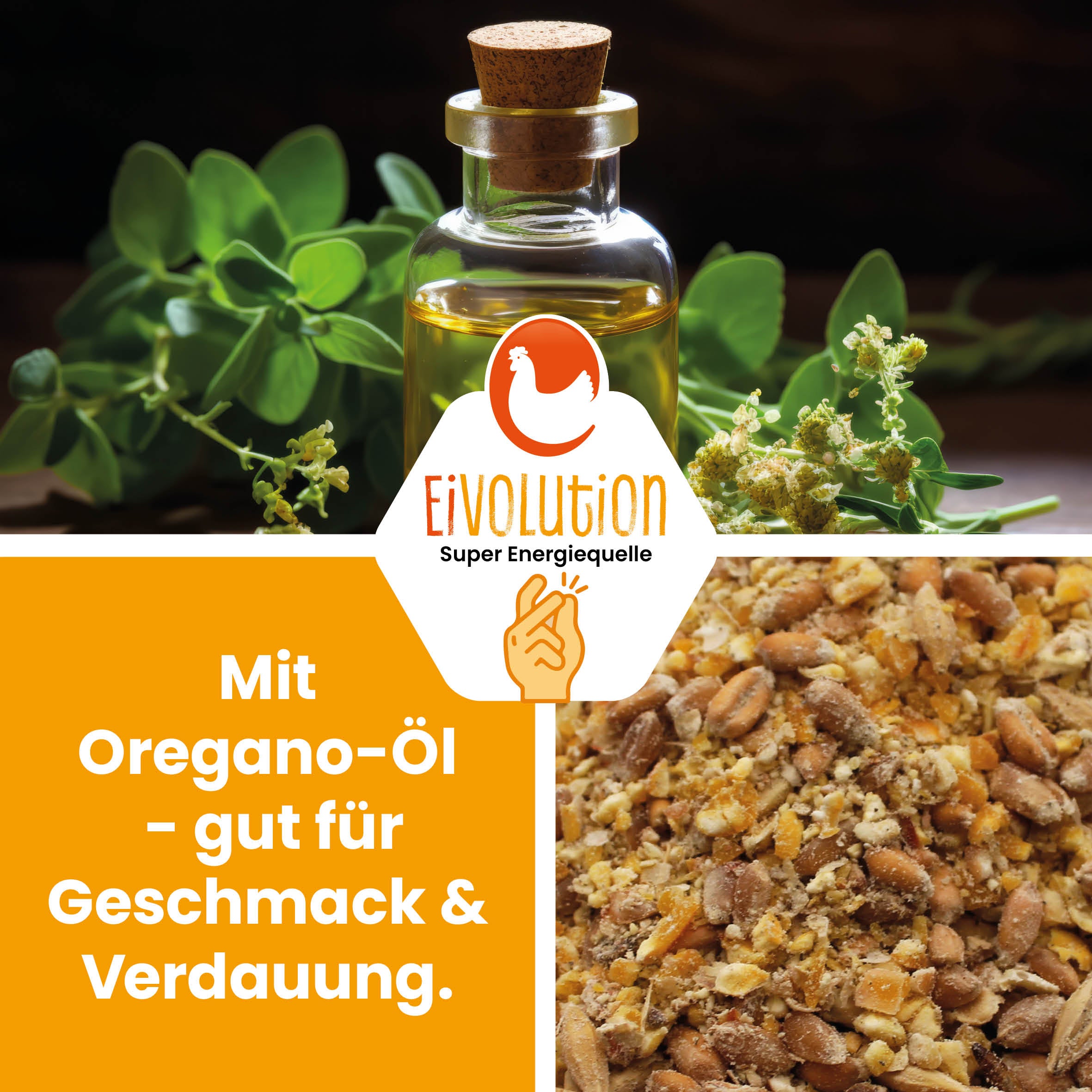 Bio-Körnermischung aus Getreideschrot "Mit Oregano-Öl gut für Geschmack und Verdauung." 