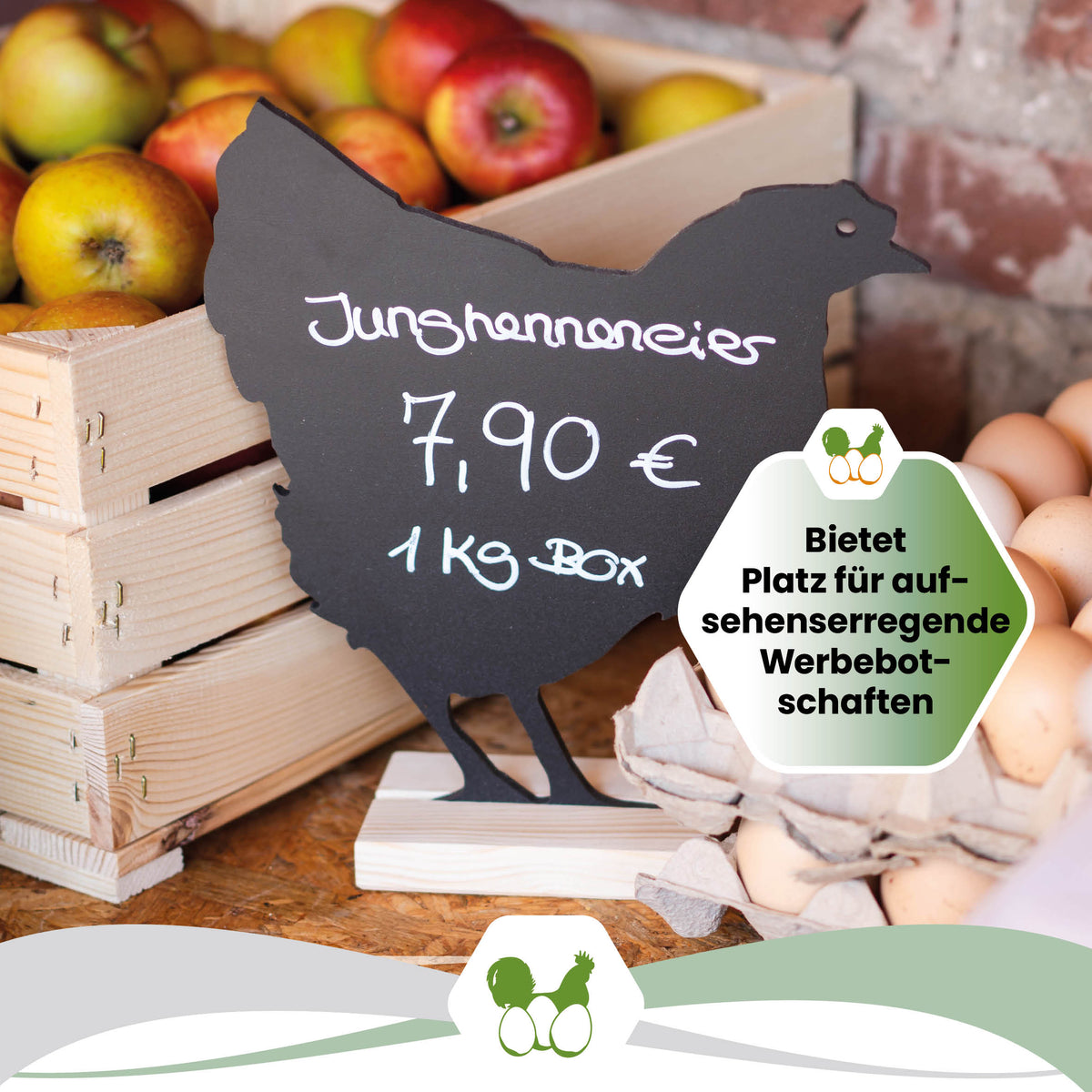 Kreidetafel Hühnermotiv "Bietet Platz für aufsehenserregende Werbebotschaften"
