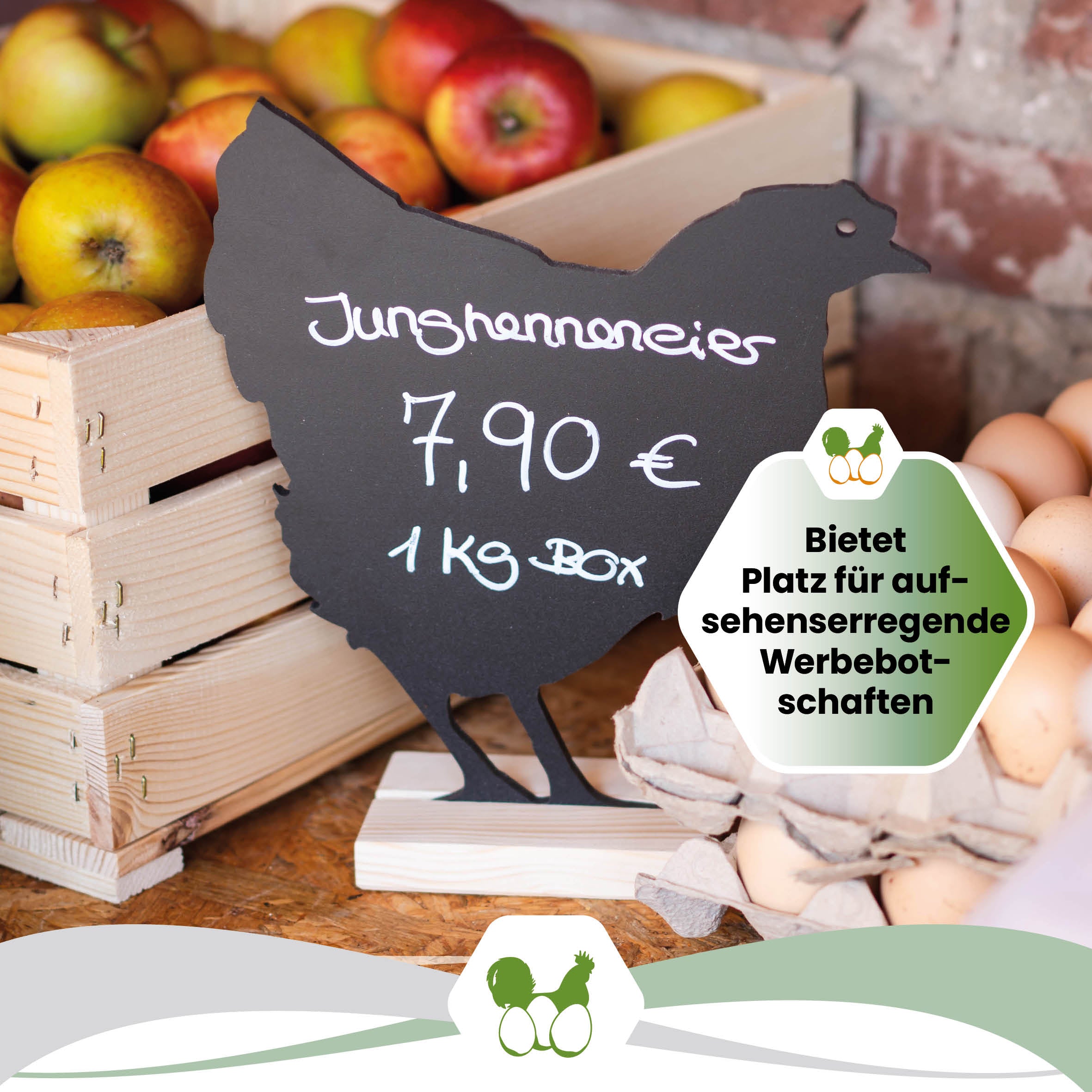 Kreidetafel Hühnermotiv "Bietet Platz für aufsehenserregende Werbebotschaften"