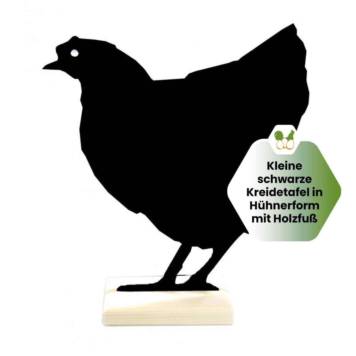 Kreidetafel Hühnermotiv "Kleine schwarze Kreidetafel in Hühnerform mit Holzfuß"