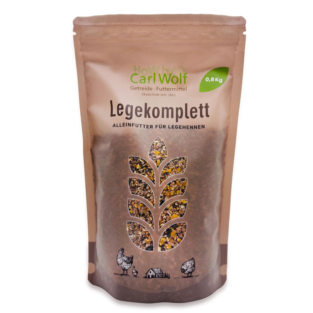 Carl Wolf Lege Komplett - Alleinfuttermittel für Legehennen, fein gebrochen, 800 g Probierbeutel, Vorderseite