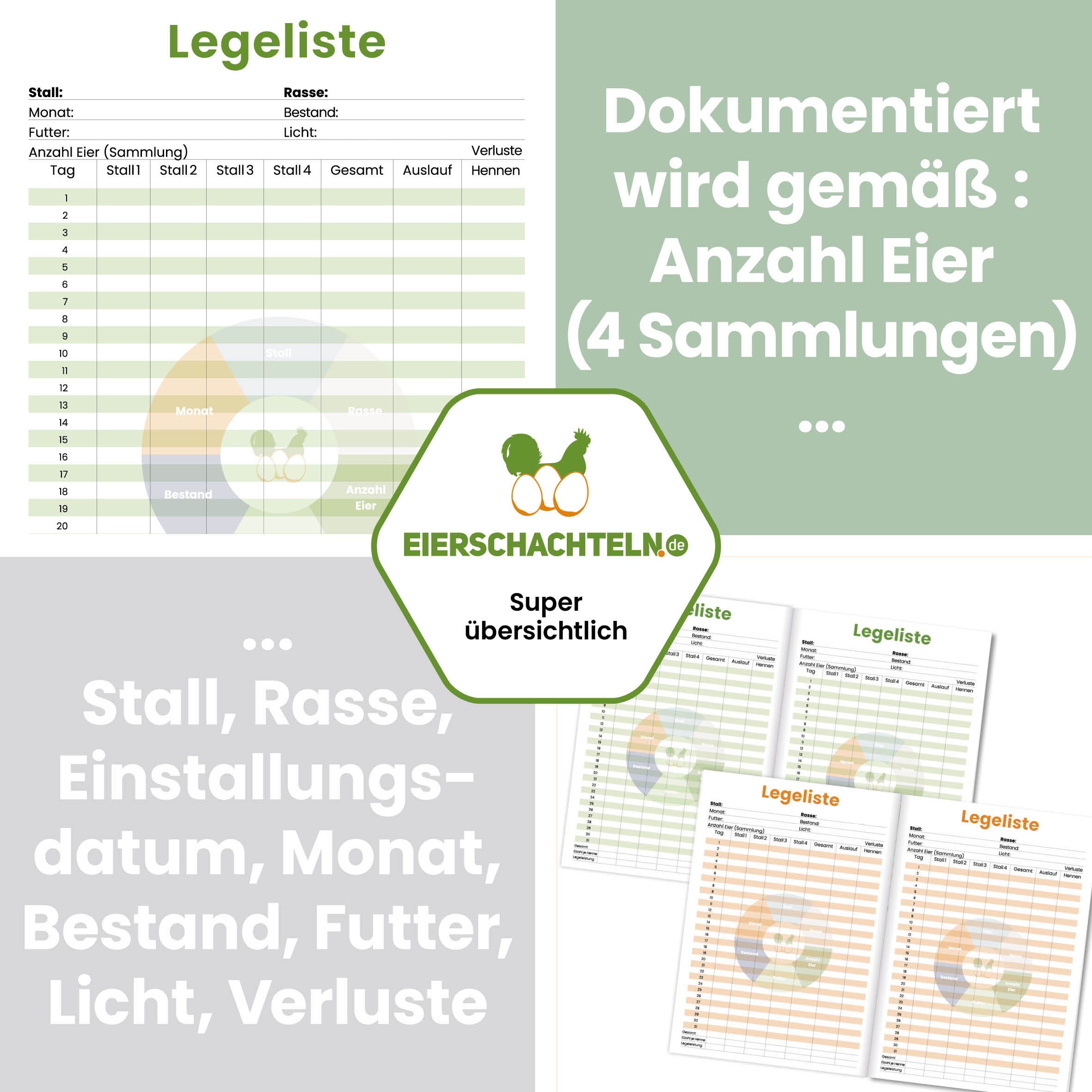 Legeliste "Dokumentiert wird gemäß: Anzahl Eier (4 Sammlungen) Stall, Rasse, Einstallungsdatum, Monat, Bestand, Futter, Licht, Verluste"