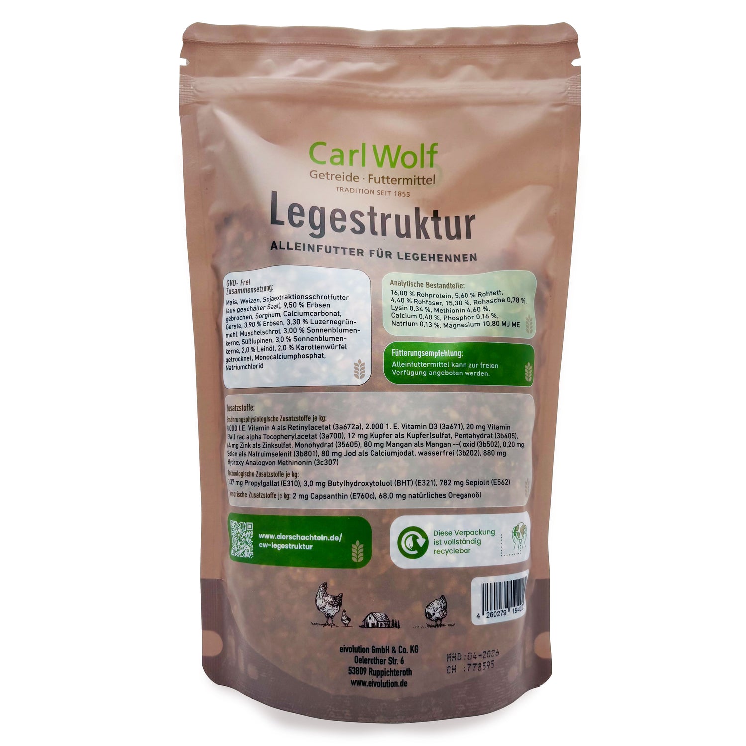 Carl Wolf Legestruktur - Alleinfuttermittel für Legehennen, 800 g Probierbeutel, Rückseite