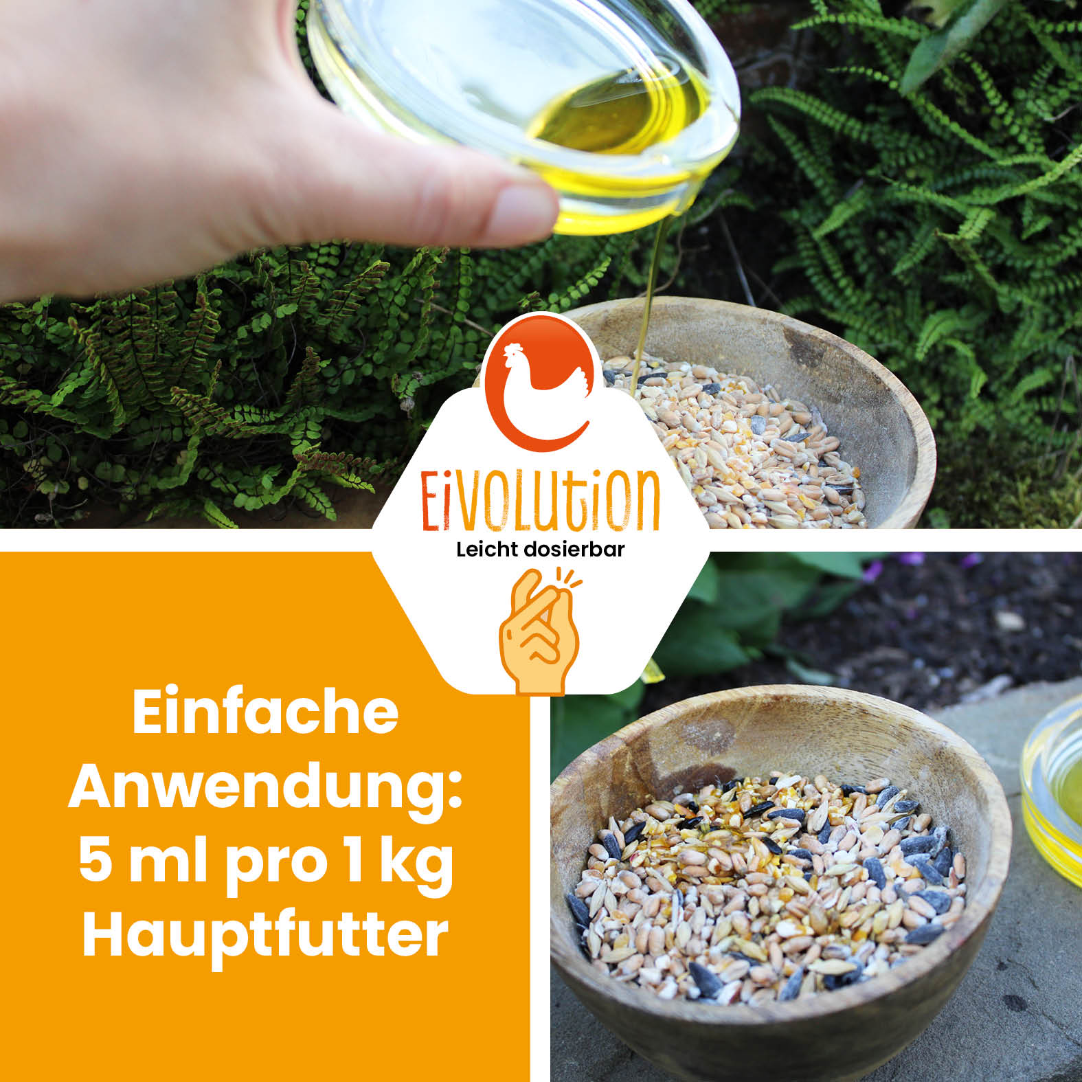 Leinöl für Geflügel "Einfache Anwendung: 5 ml pro 1 kg Hauptfutter"