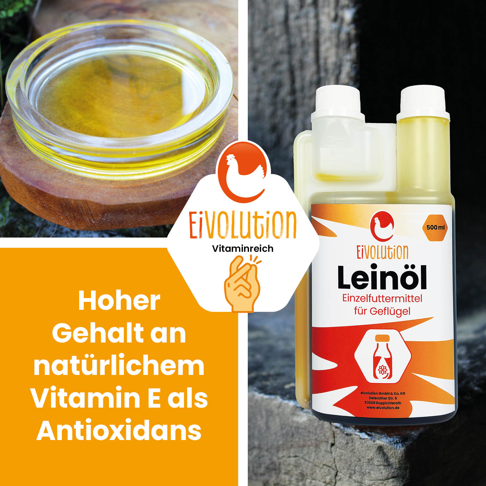 Leinöl für Geflügel "Hoher Gehalt an natürlichem Vitamin E als Antioxidans" 