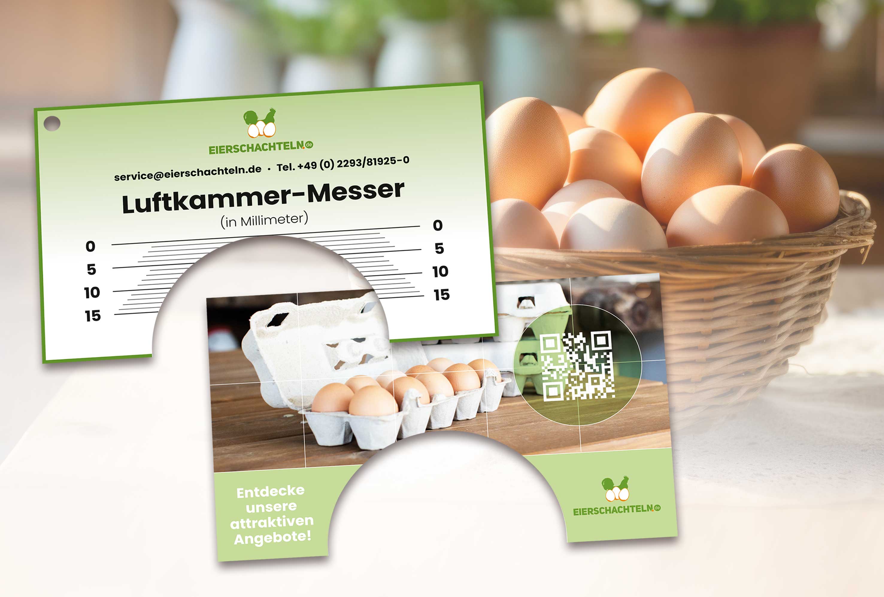 Luftkammermesser aus Kunststoff für S-XL Eier, Vorder- und Rückseite mit Eiern 