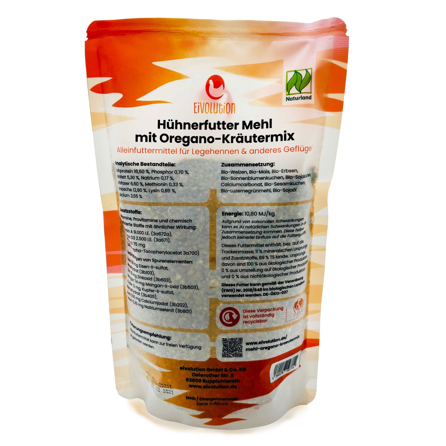 Bio-Hühnerfutter Legemehl mit Oregano-Kräutermix 800 g Beutel, Rückseite