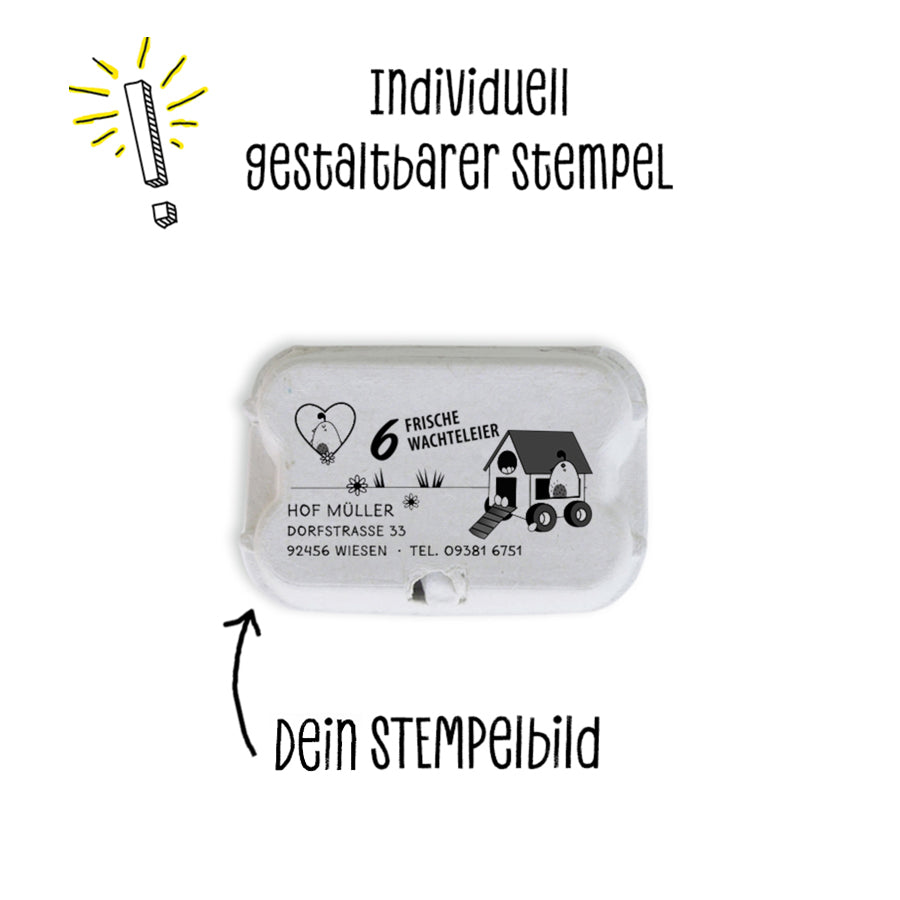 Stempel für Eierschachteln, 6er Wachteleierschachtel aus Pappe "Individuell gestaltbarer Stempel, dein Stempel"