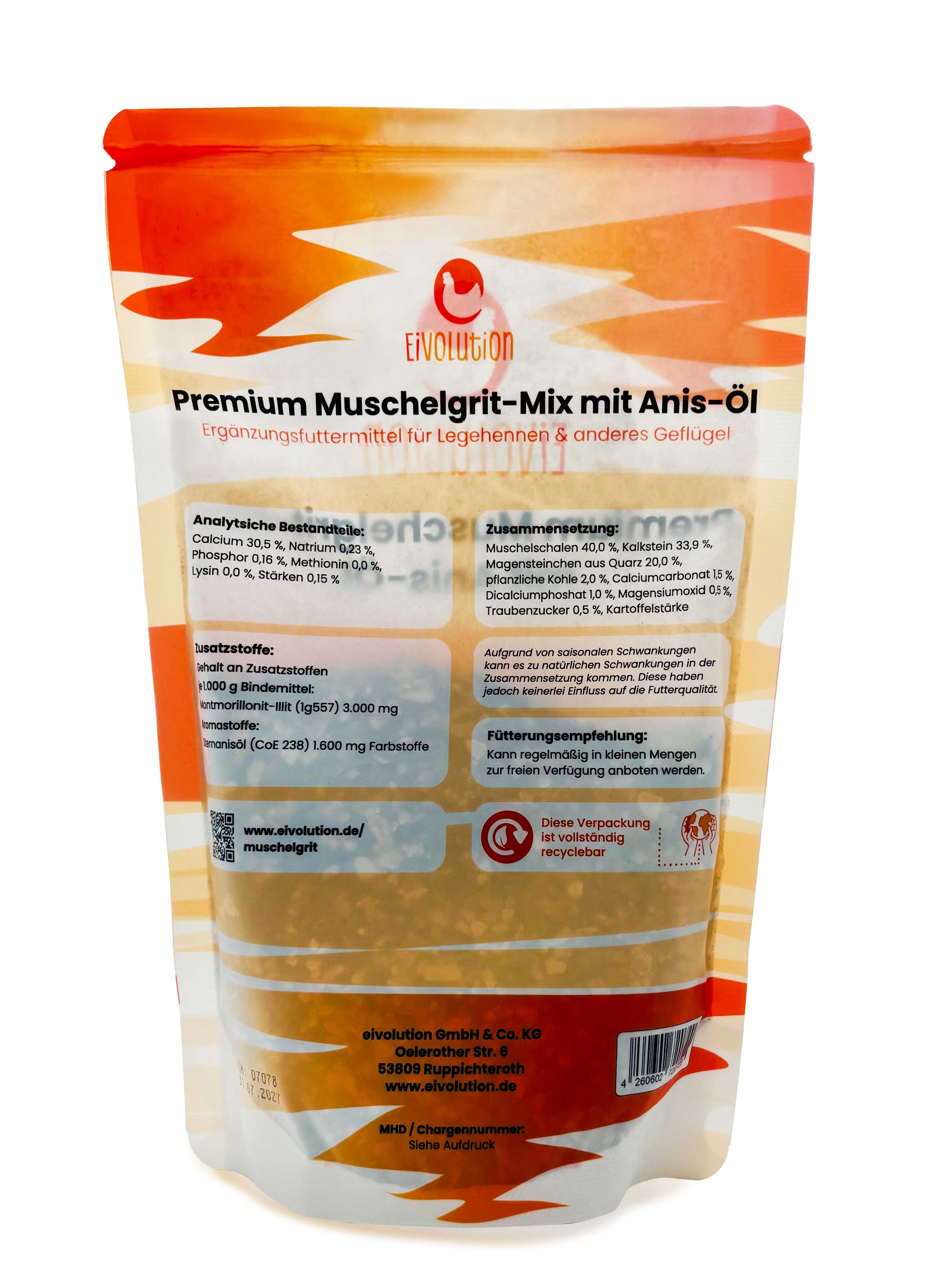 Premium Muschelgrit-Mix für Geflügel mit Anis – 800 g Probierbeutel, Rückseite 