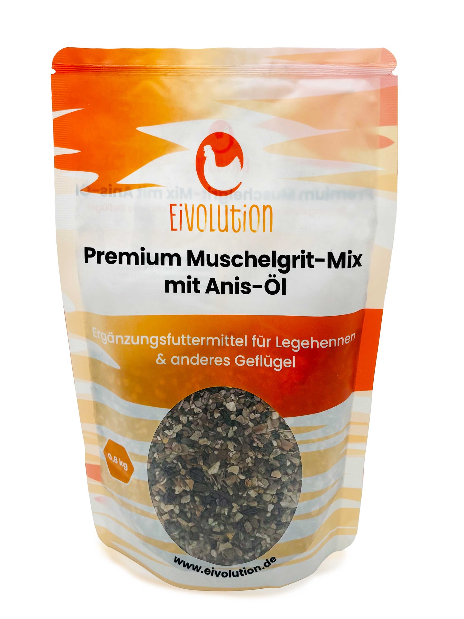 Premium Muschelgrit-Mix für Geflügel mit Anis – 800 g Probierbeutel, Vorderseite 