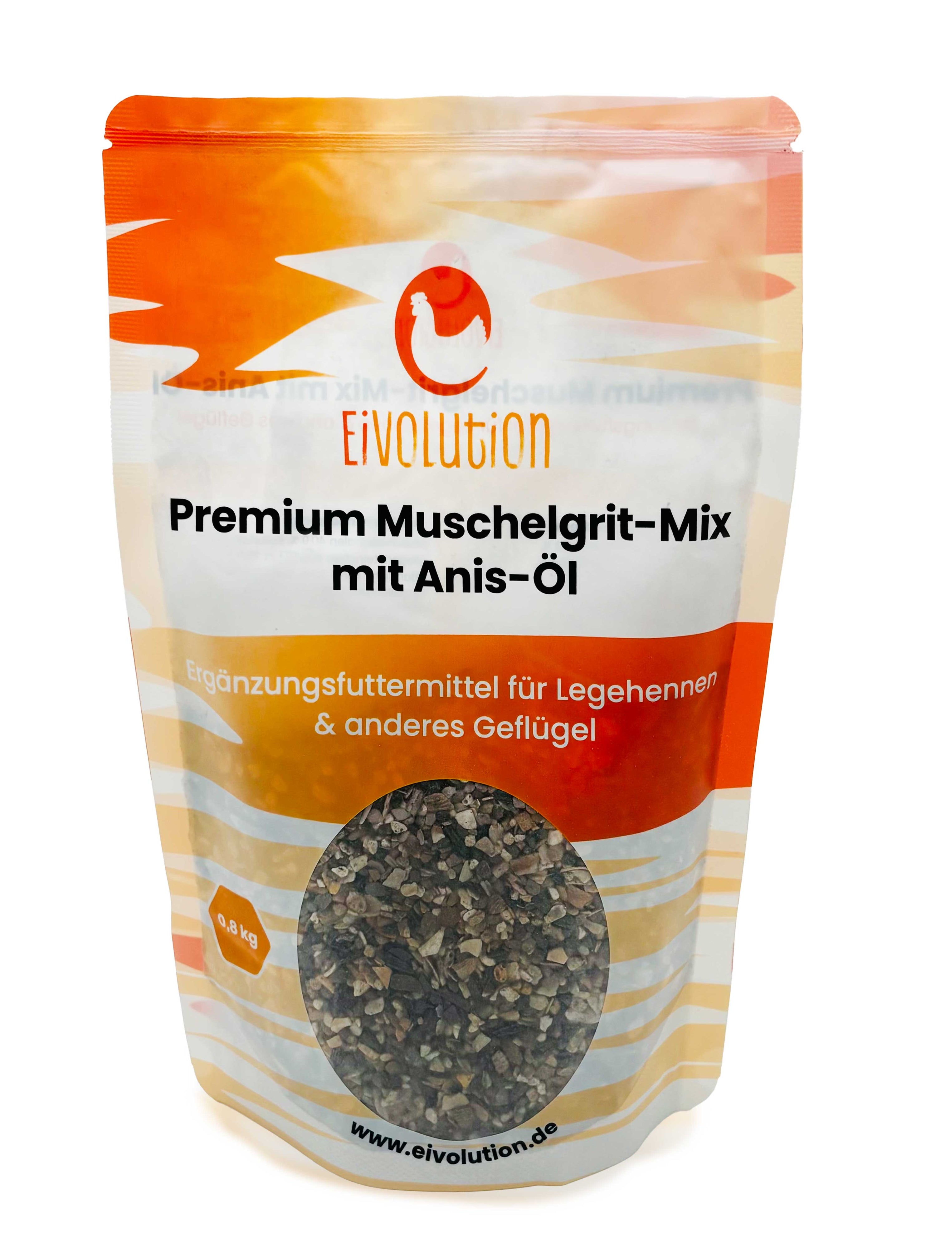 Premium Muschelgrit-Mix für Geflügel mit Anis – 800 g Probierbeutel, Vorderseite 