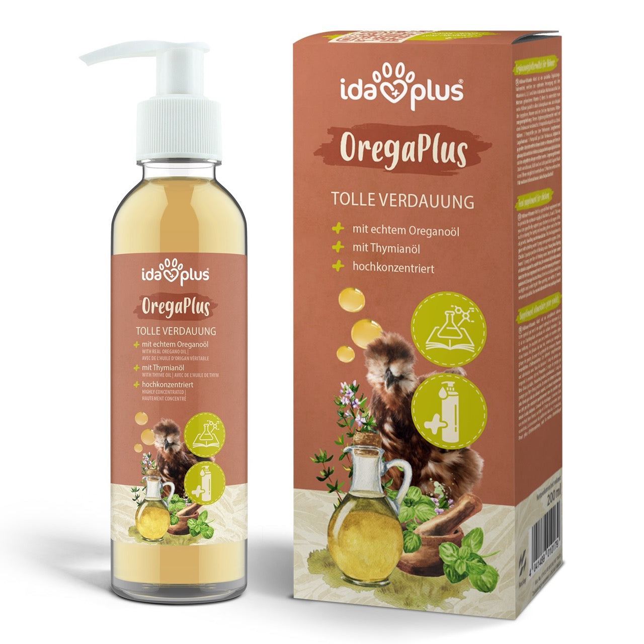 Orega Plus - Oregano Öl für Hühner unterstützt die Verdauung &amp; Darmflora, Flasche und Karton