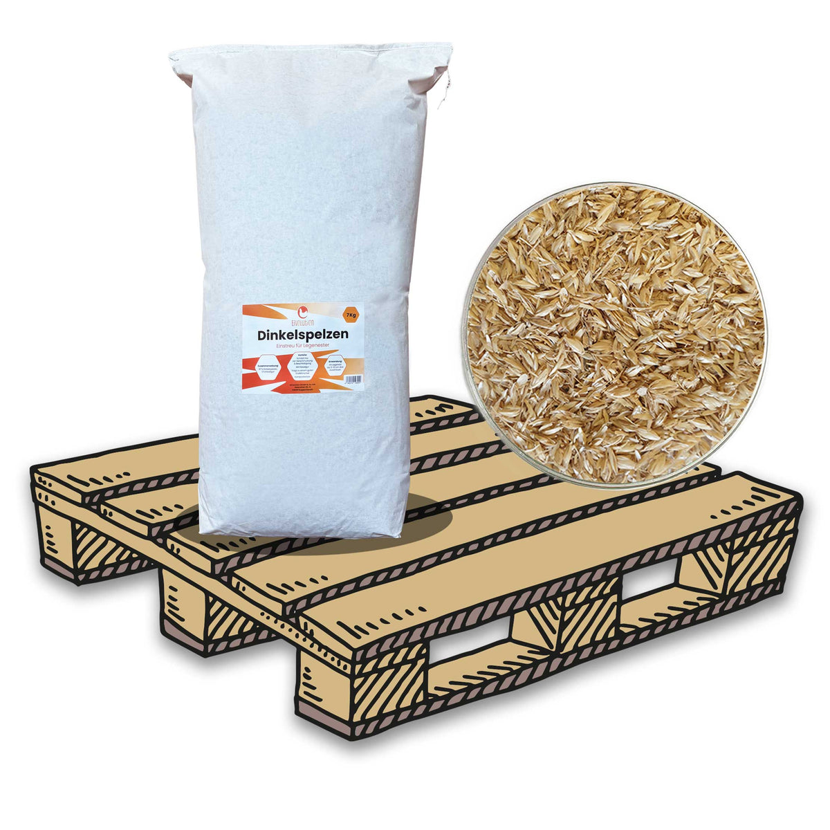 Eivolution Dinkelspelzen als Nesteinstreu auf Palette (24 x 7 kg Säcke)