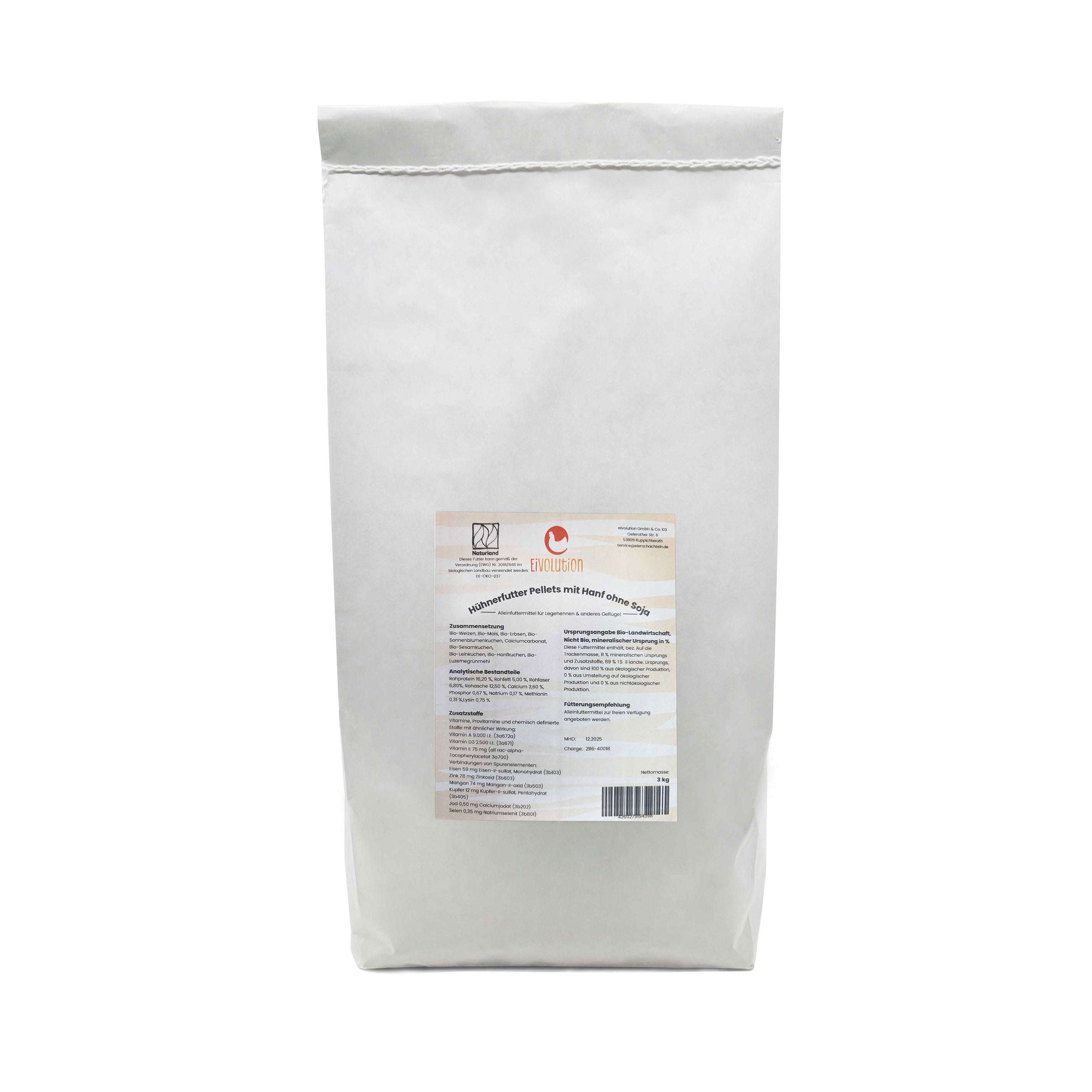Bio Hühnerfutter Pellets mit Hanf ohne Soja - Naturland zertifiziert, 3kg 
