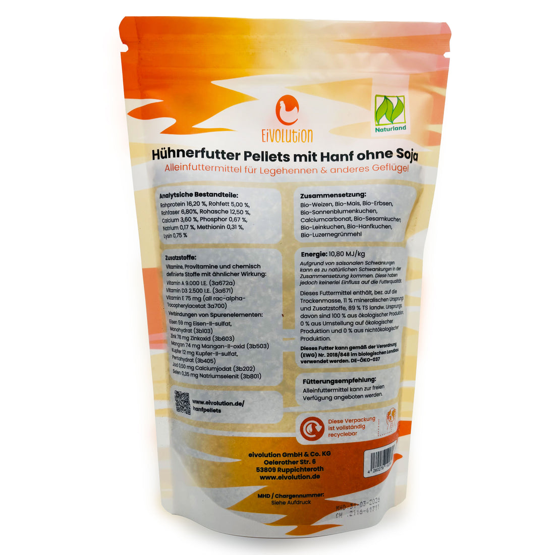 Vorder- und Rückseite Bio Hühnerfutter Pellets ohne Soja mit Hanf, 800 g, Rückseite