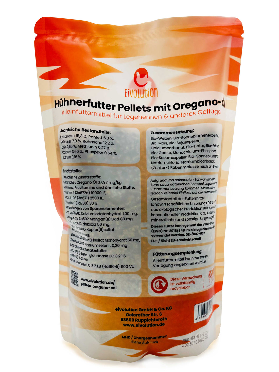 Pellets mit Oregano-Öl Bio-Hühnerfutter, 800 g Beutel, Rückseite 
