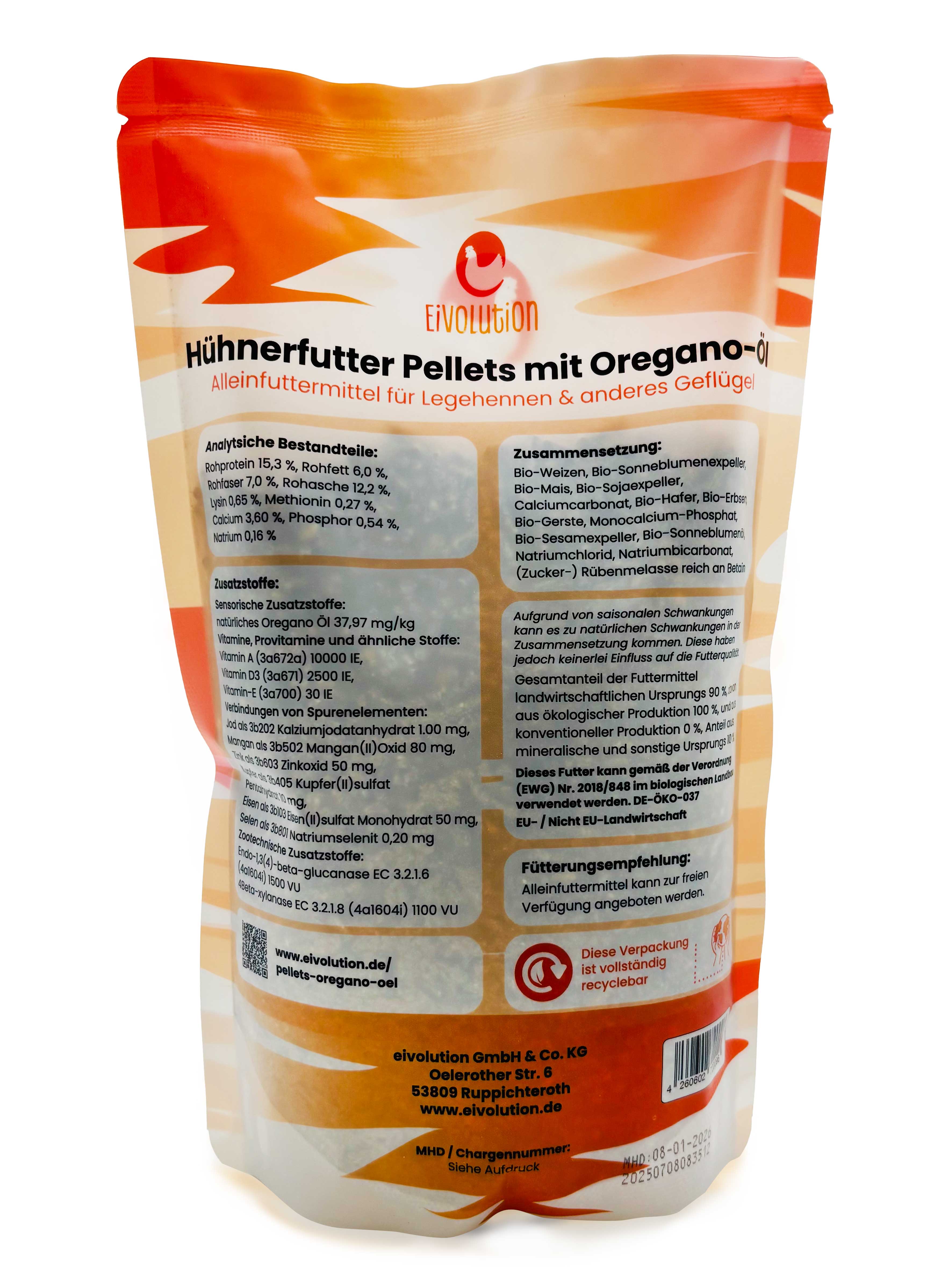 Pellets mit Oregano-Öl Bio-Hühnerfutter, 800 g Beutel, Rückseite 
