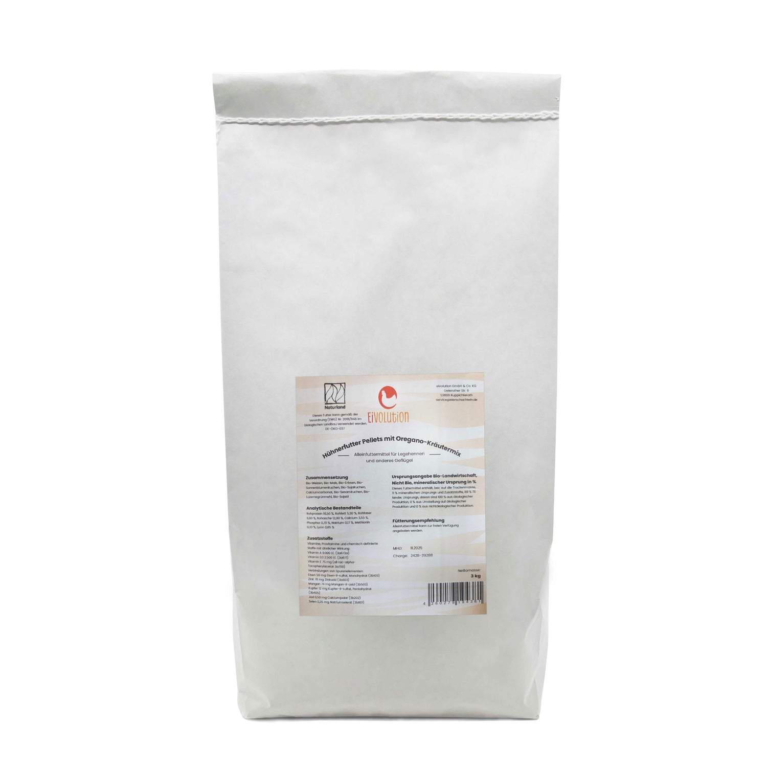 Bio Hühnerfutter Pellets mit Oregano-Kräutermix, 3 kg 