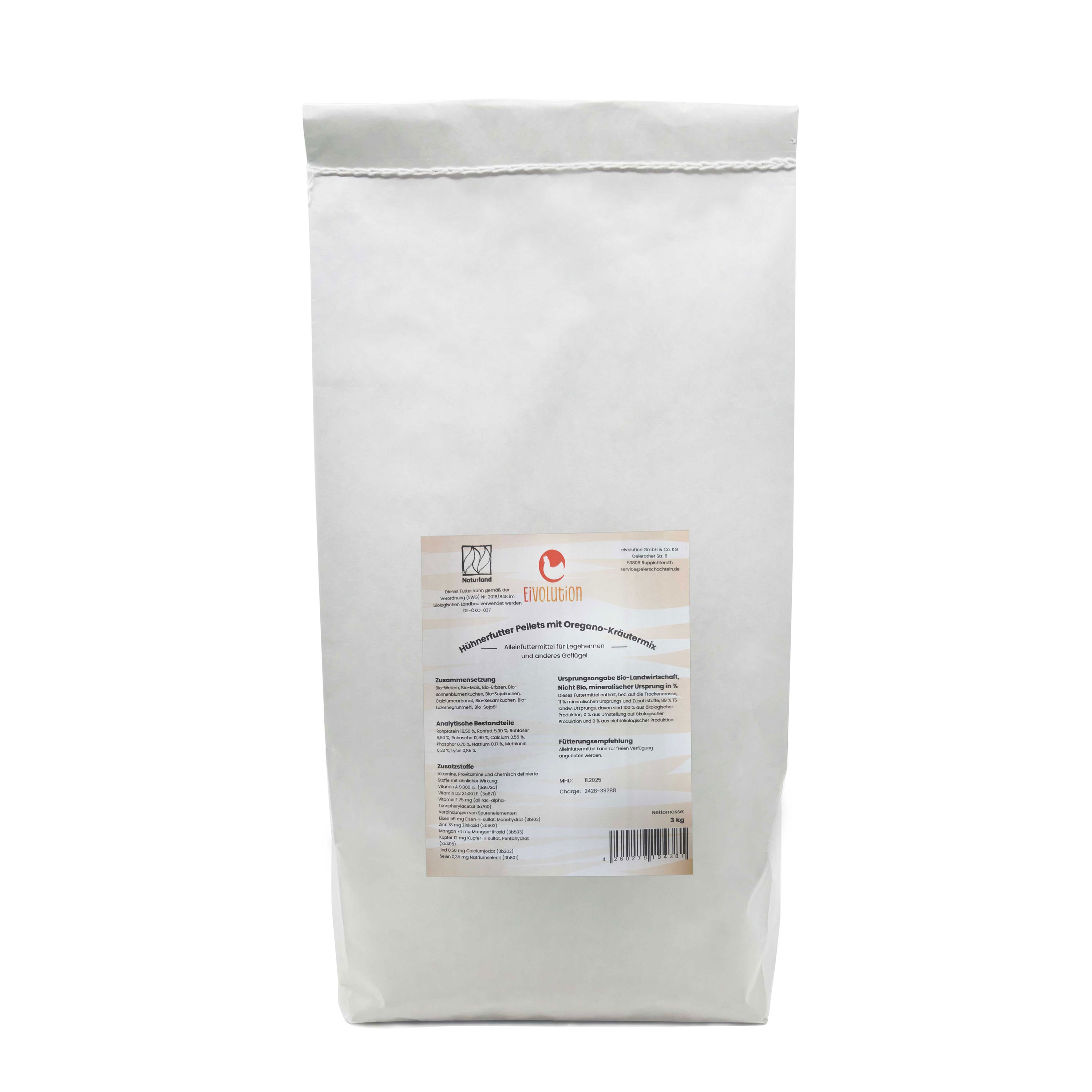 Bio Hühnerfutter Pellets mit Oregano-Kräutermix, 3 kg 
