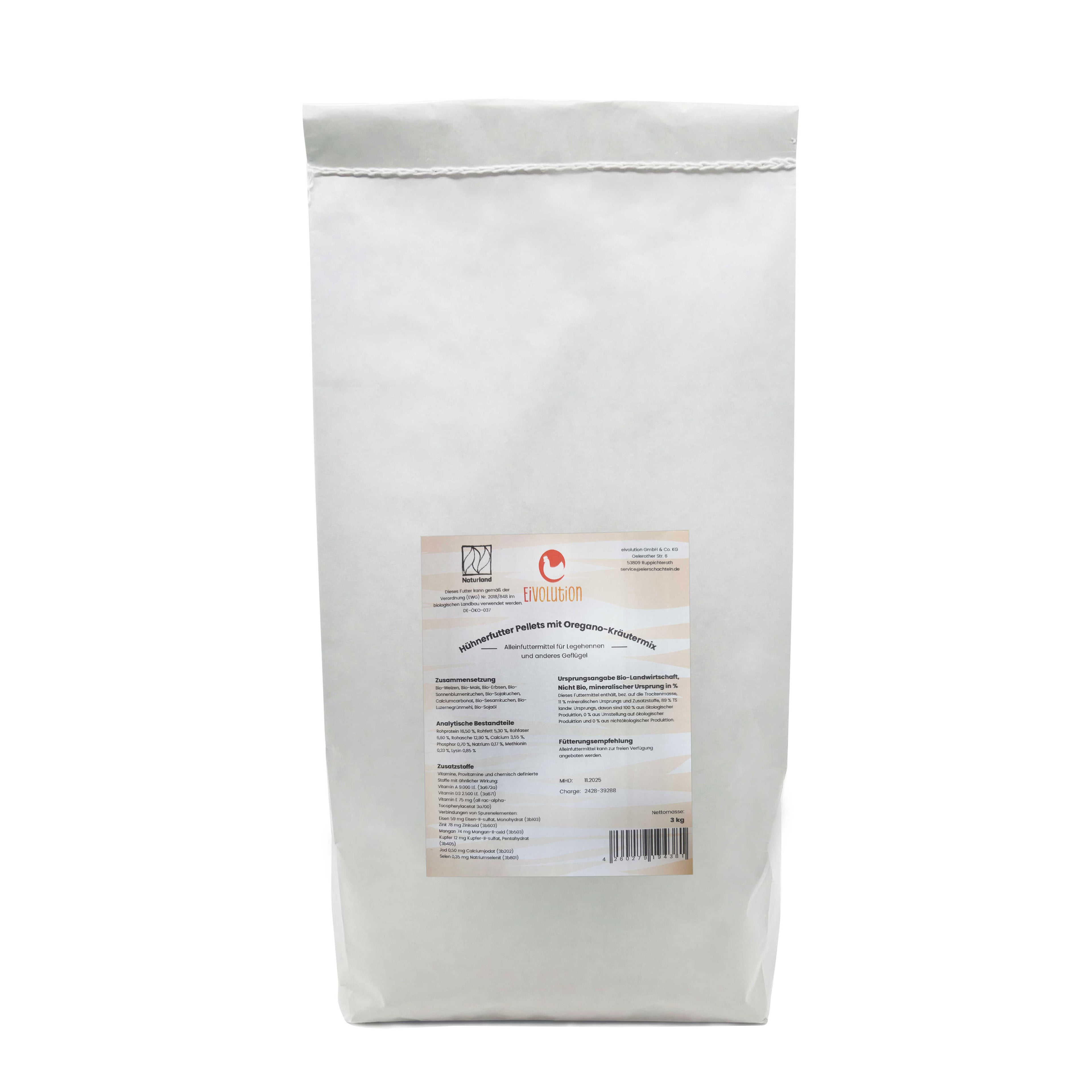 Bio Hühnerfutter Pellets mit Oregano-Kräutermix, 3 kg 