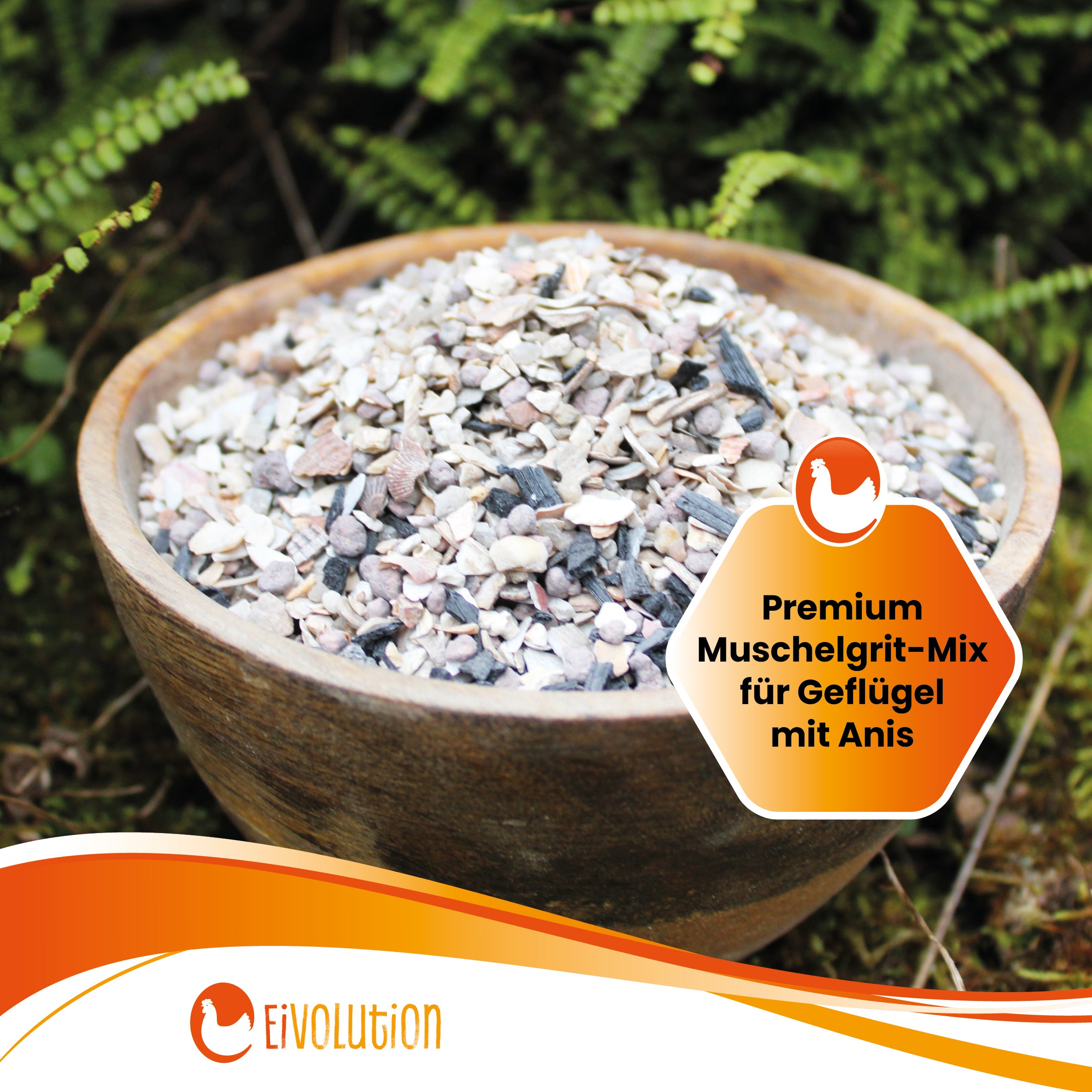 "Premium Muschelgrit-Mix mit Anis" In einer Holzschale eivolution