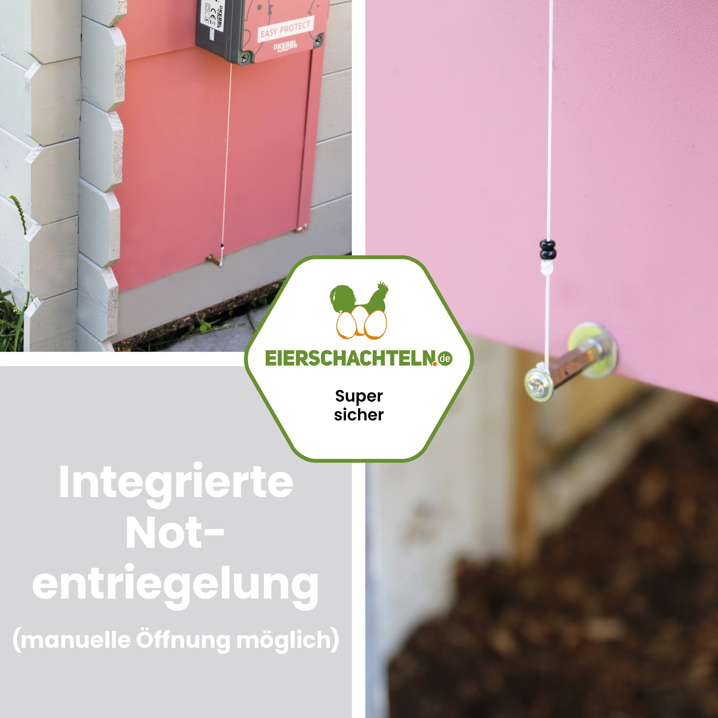 Automatische Hühnertür EasyProtect  "Integrierte Notentriegelung (manuelle Öffnung möglich)"