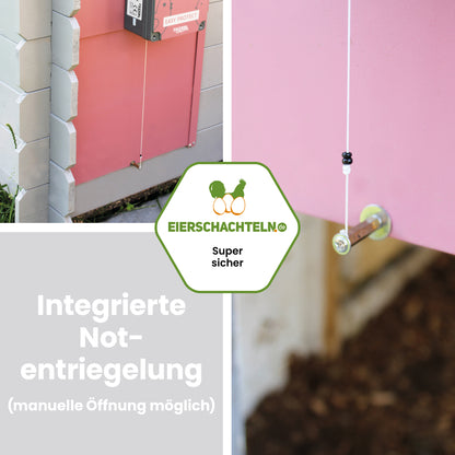 Automatische Hühnertür EasyProtect  "Integrierte Notentriegelung (manuelle Öffnung möglich)"