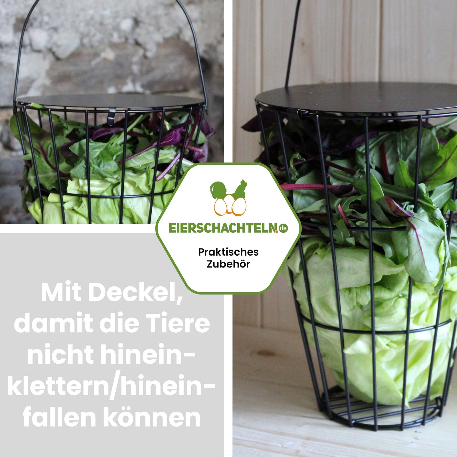 Futterkorb zum Aufhängen, schwarz "Mit Deckel damit die Tiere nicht hineinklettern/ hineinfallen können"