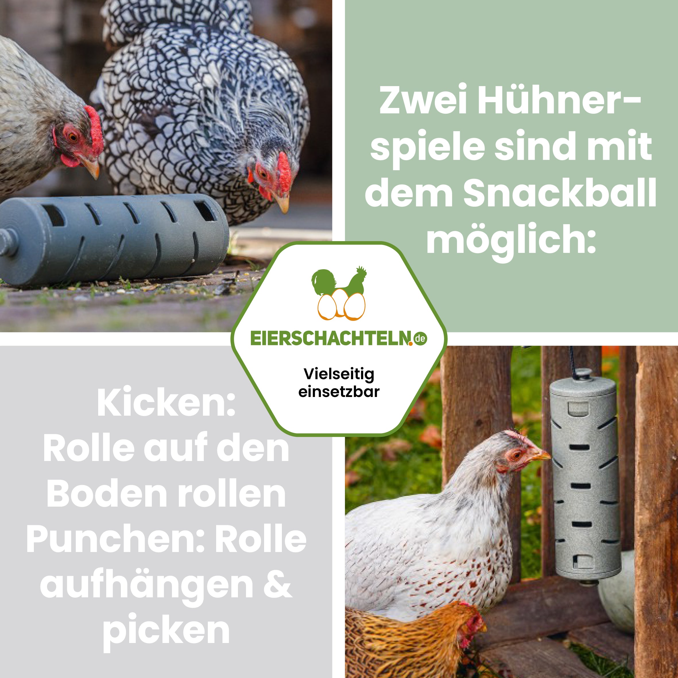Snackroller Beeztees eco friendly, Ø 6,5 cm "Zwei Hühnerspiele sind mit dem Snackball möglich: Kicken: Rolle auf den Boden rollen Punchen: Rolle aufhängen &amp; picken"