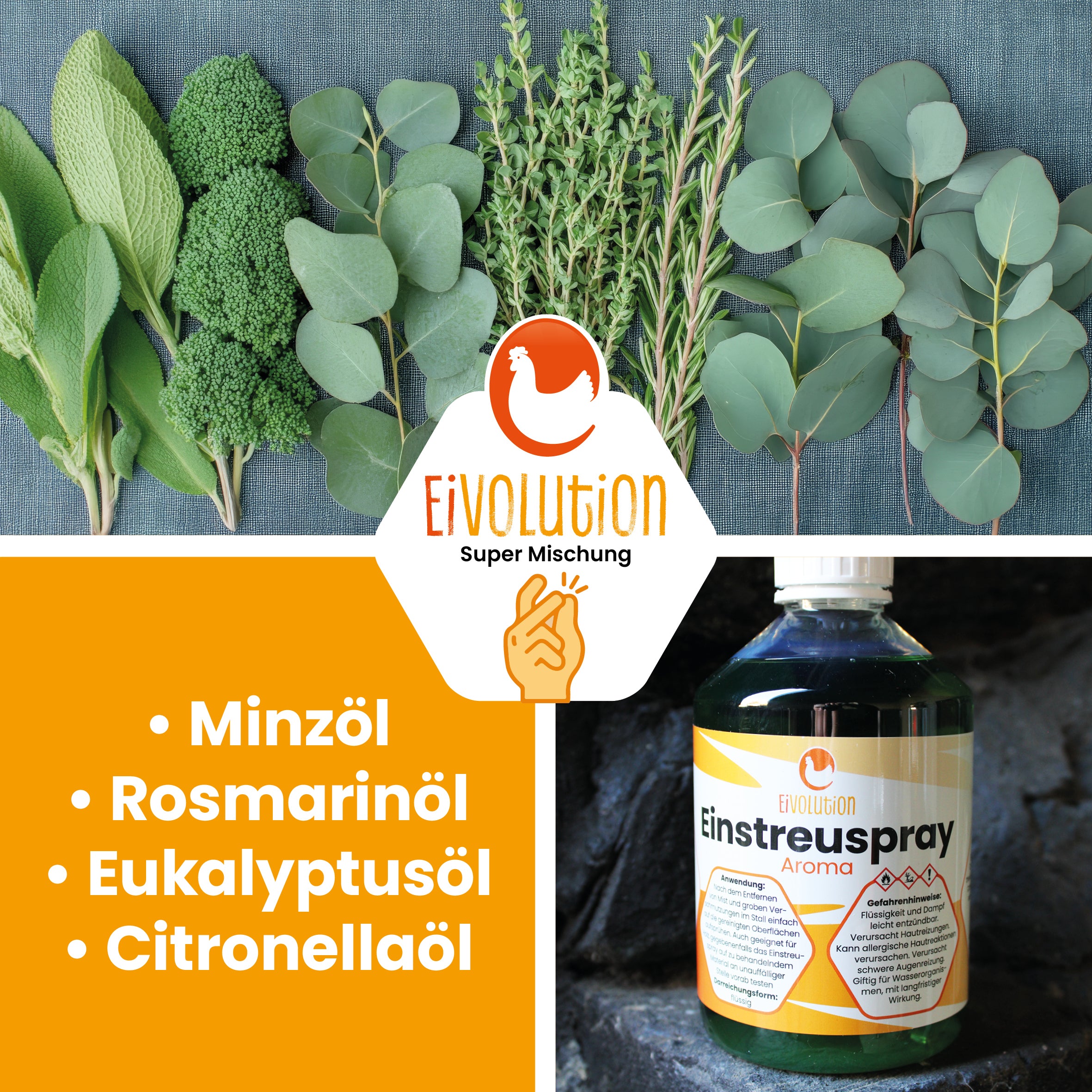 Einstreuspray "Minzöl, Rosmarinöl, Eukalyptusöl, Citronellaöl"