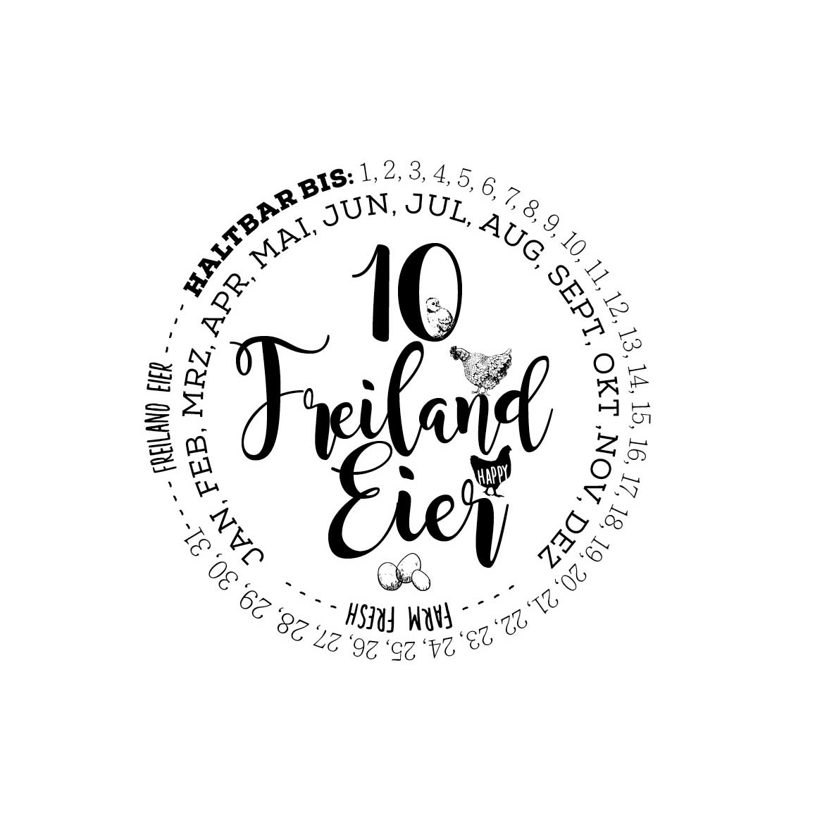 Eierschachtel-Stempel "Haltbar bis" 10  Freiland-Eier