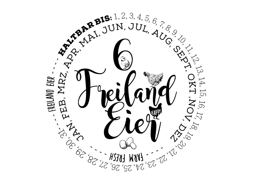 Eierschachtel-Stempel "Haltbar bis" 6 Freiland-Eier