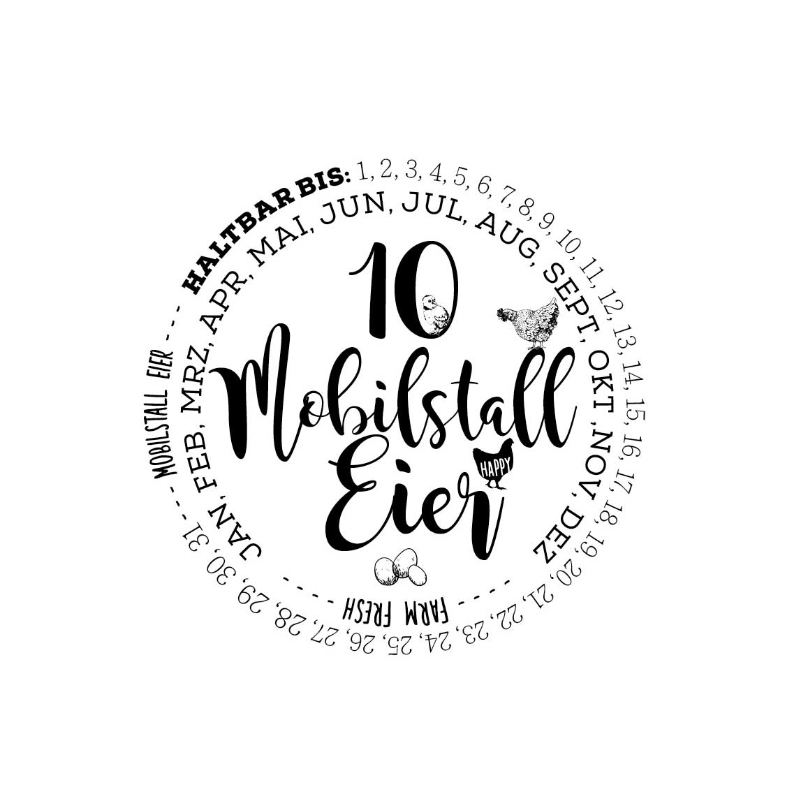 Eierschachtel-Stempel "Haltbar bis" 10 Mobilstall-Eier