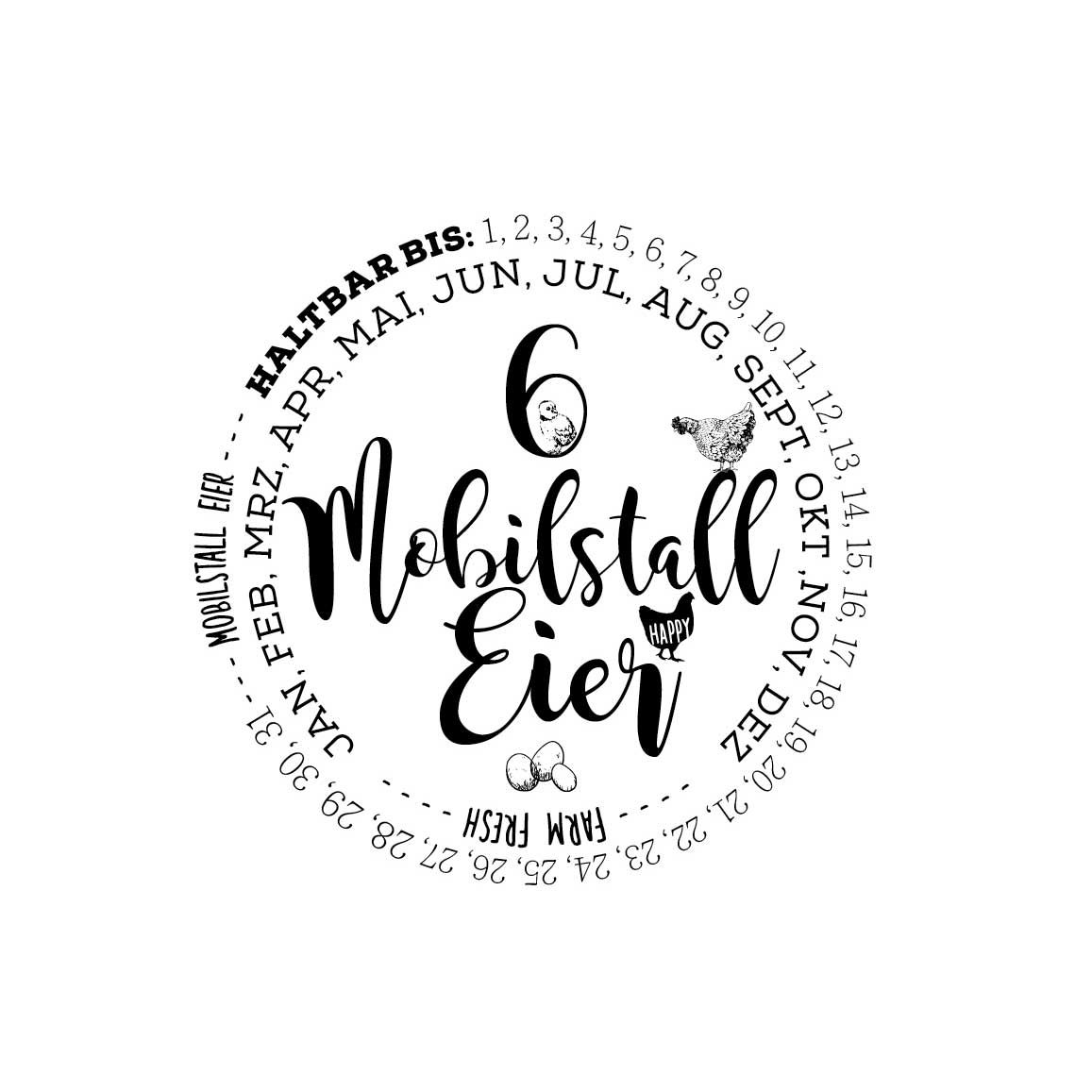 Eierschachtel-Stempel "Haltbar bis" 6 Mobilstall-Eier