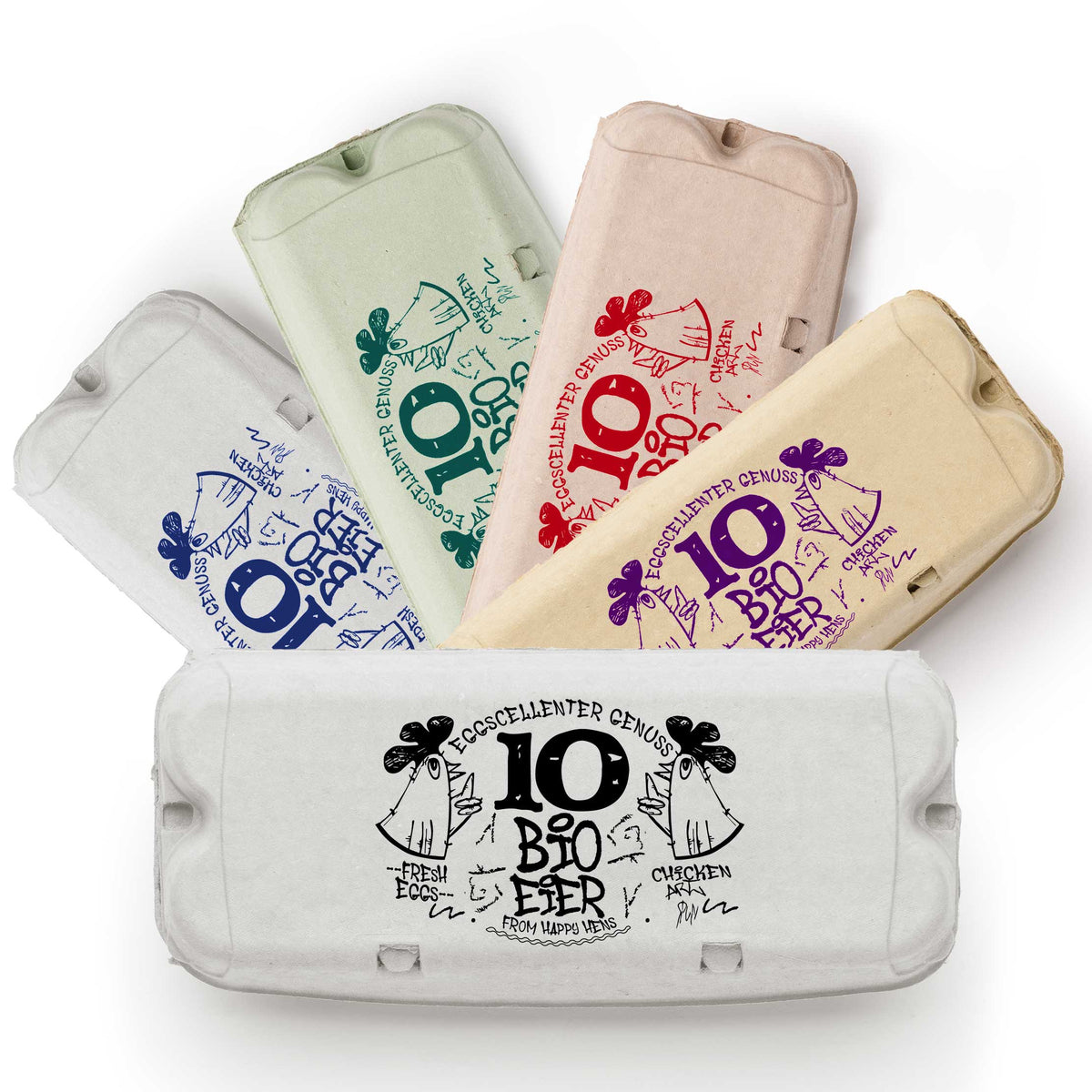 Eierschachtel-Stempel Streetart 10 bzw. 6 Frische Bio-Eier, in 5 Farben auf Schachteln