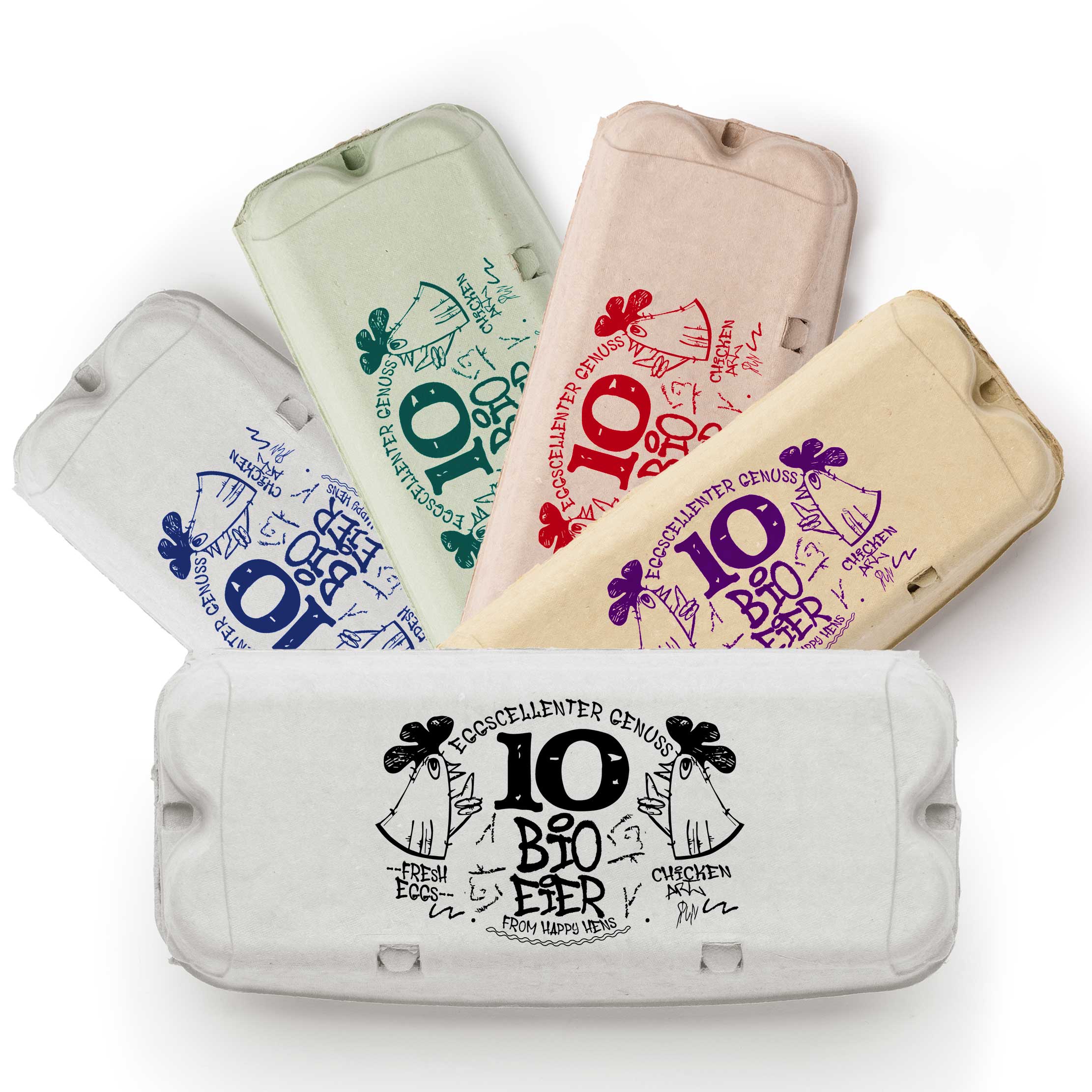 Eierschachtel-Stempel Streetart 10 bzw. 6 Frische Bio-Eier, in 5 Farben auf Schachteln
