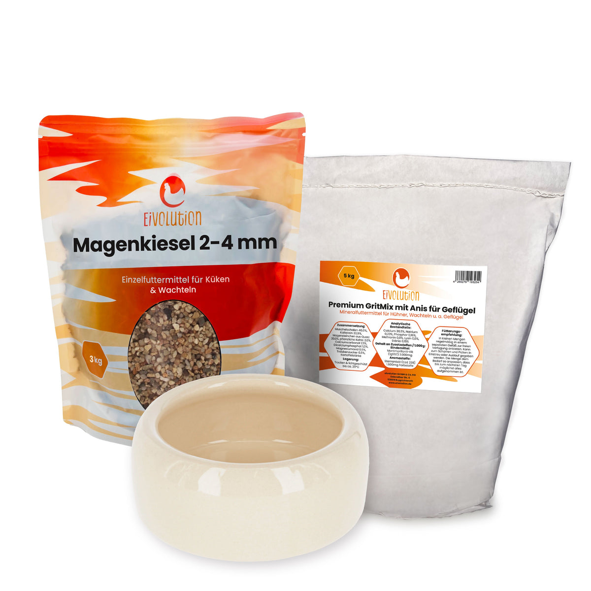 Tierwohl Set – mit Steingut-Napf, Muschelgrit-Mix und Magenkiesel