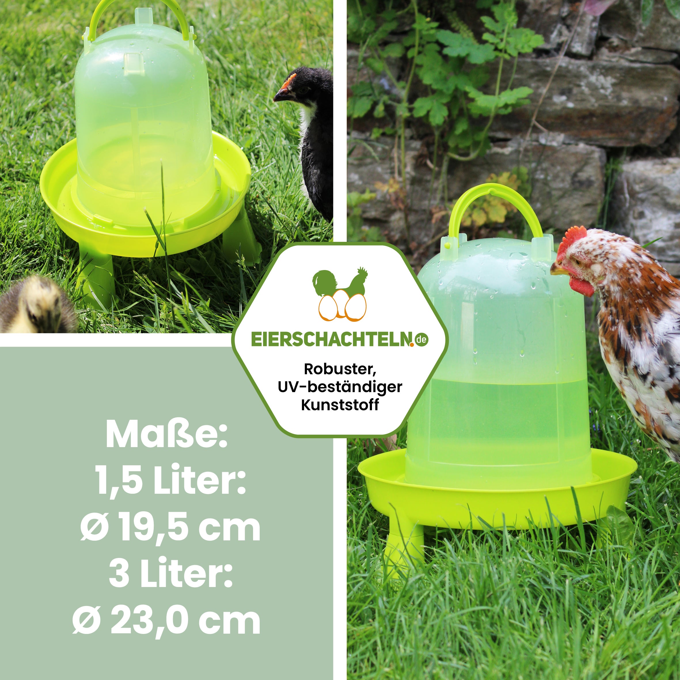 Kleine Geflügeltränke 1,5 l oder 3 l "Maße: 1,5 Liter: Ø 19,5 cm 3 Liter: Ø 23,0 cm" 