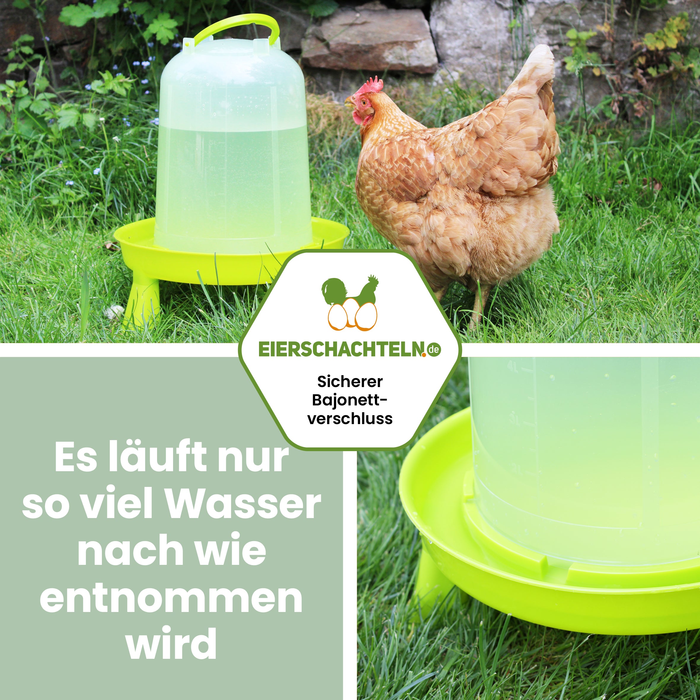 Geflügeltränke mit Bajonettverschluss und abnehmbaren Füßen, 8 Liter "Es läuft nur so viel Wasser nach wie entnommen wird"