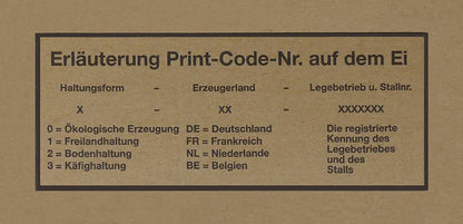 360er Eierkartons für lose Eier 40 Stück, mit Aufdruck "Erläuterung Print-Code-Nr. auf dem Ei"