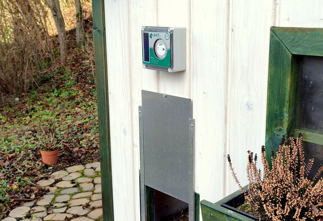 Axt Automatische Solar-Hühnerklappe VSF, am Stall mit Klappe