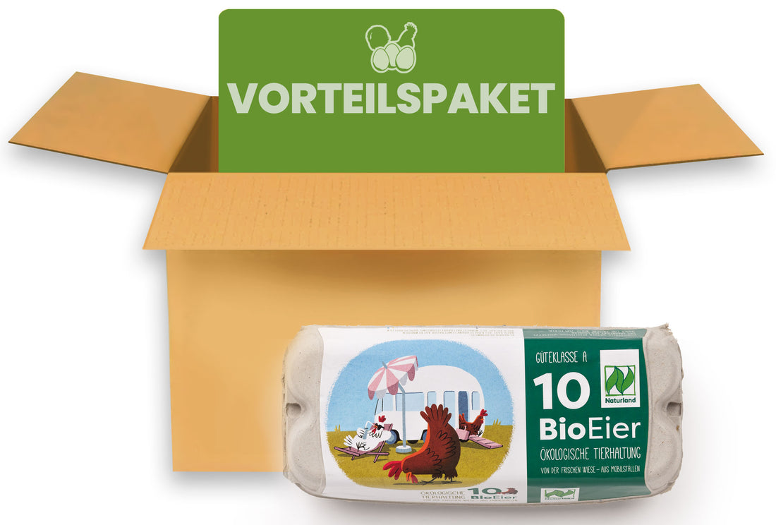 390 Stück 10er ComPac Eierschachteln mit Mobilstall-Naturland-Etikett – witziges Motiv