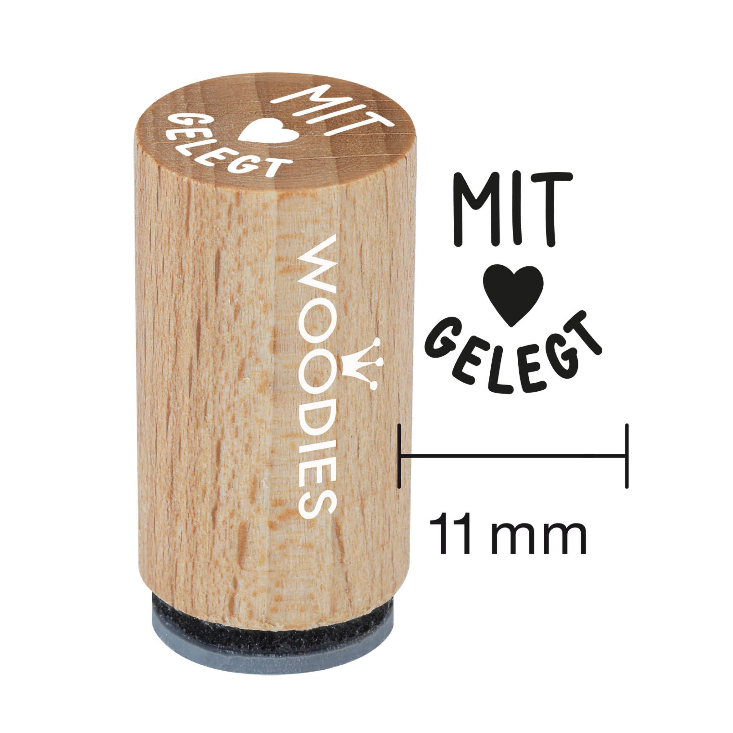 Mini-Woodie-Stempel Durchmesser 1,1 cm Edition Hühnergeschichten „Mit Liebe gelegt“, Stempelbild 11mm