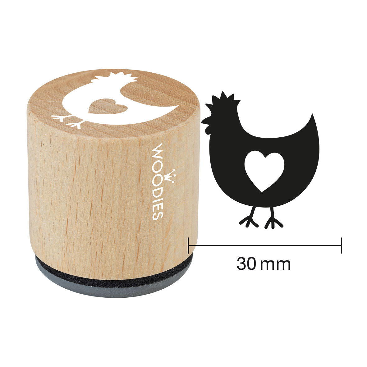 Woodie Stempel Durchmesser 3 cm Edition Hühnergeschichten „Huhn mit Herz“, Stempelbild 30mm