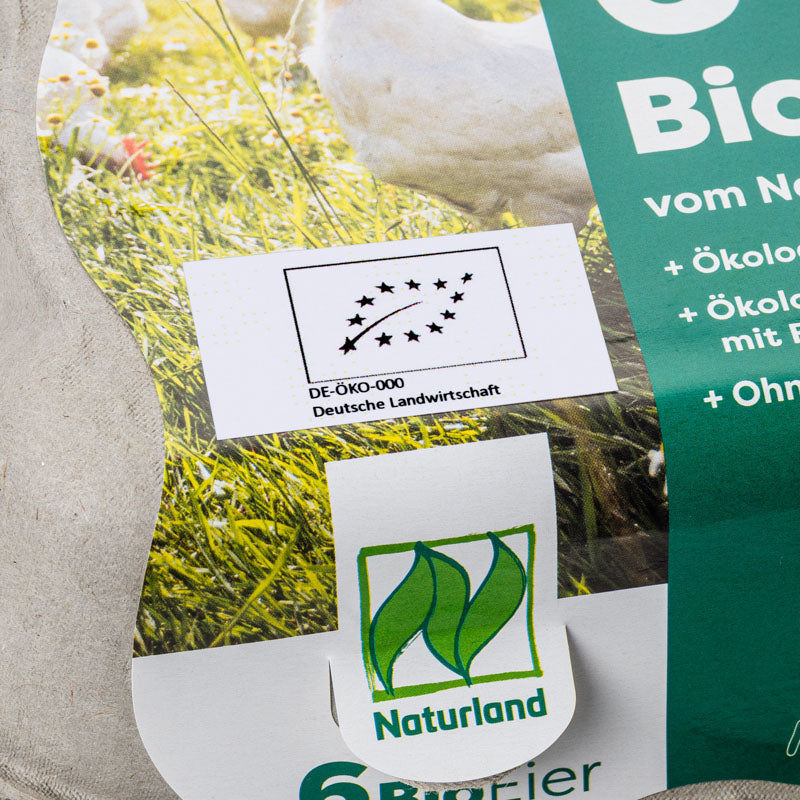 Bio Kontrollstellen Etikett – selbstklebend, mit EU-Bio-Siegel 6500 Stück, aufgeklebt auf Eierschachtel