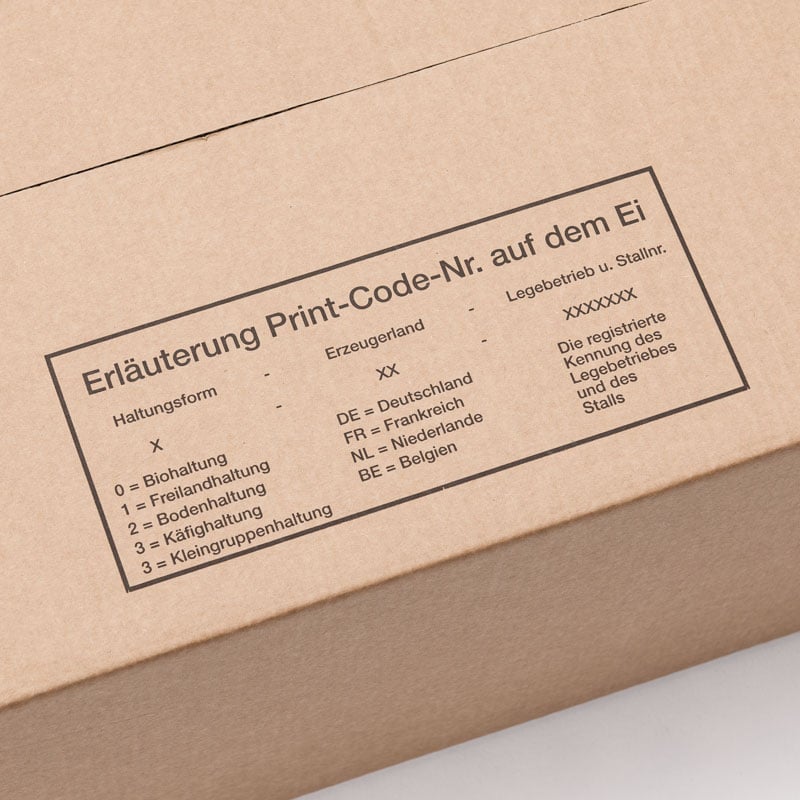 Eierkartons für 180 Eier lose auf Höckerlagen, 48 Stück "Erläuterung Print-Code-Nr. auf dem Ei"