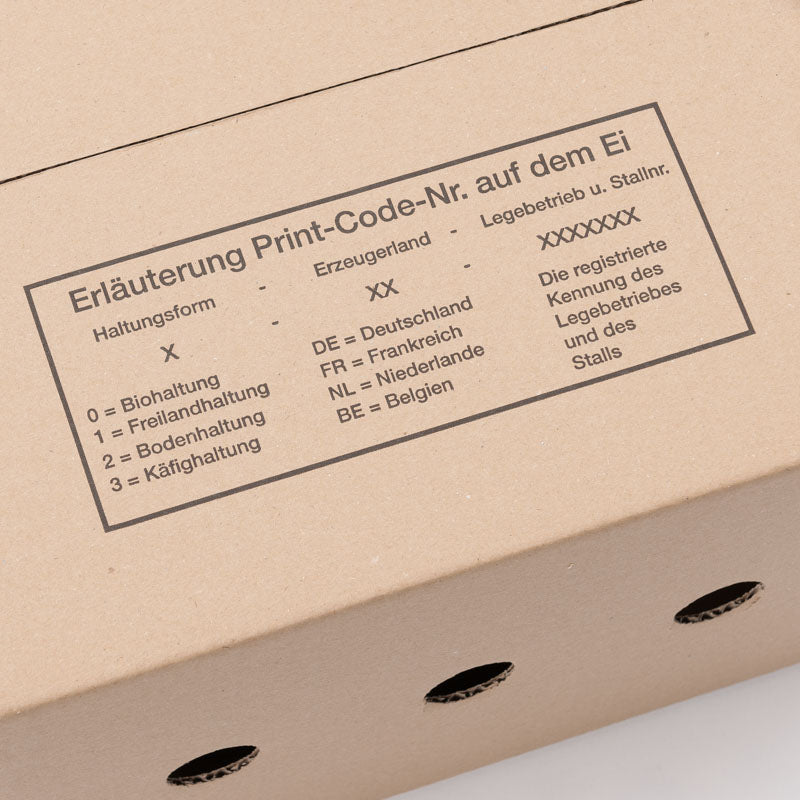 Eierkartons für 90 Eier lose auf Höckerlagen, Aufdruck "Erläuterung Print-Code-Nr. auf dem Ei"