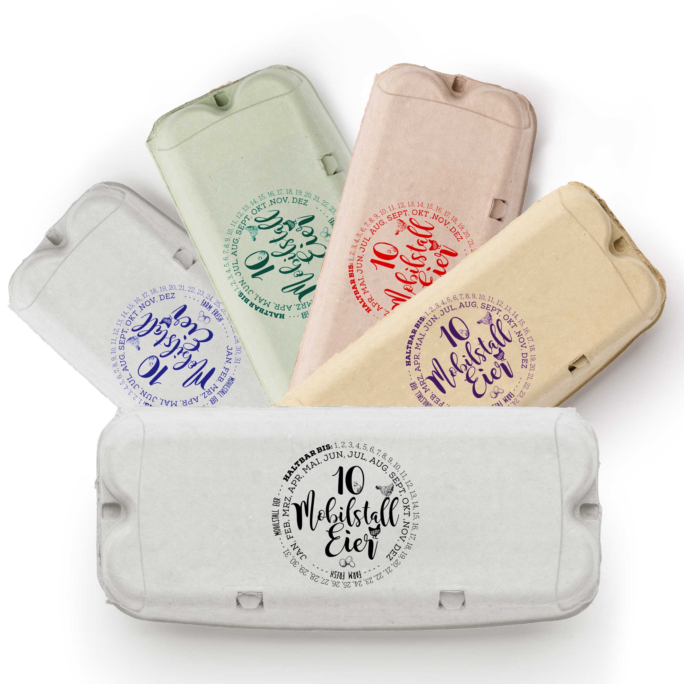 Eierschachtel-Stempel "Haltbar bis" 10 bzw. 6 Mobilstall-Eier, in 5 Farben auf Schachteln